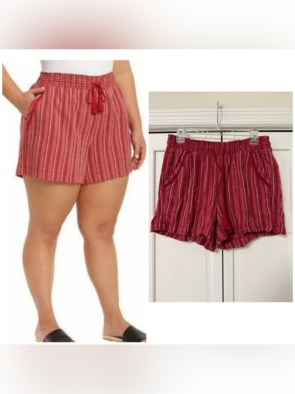 Briggs Red Striped High Waist Drawstring Shorts Linen Blend Boho Festival Large